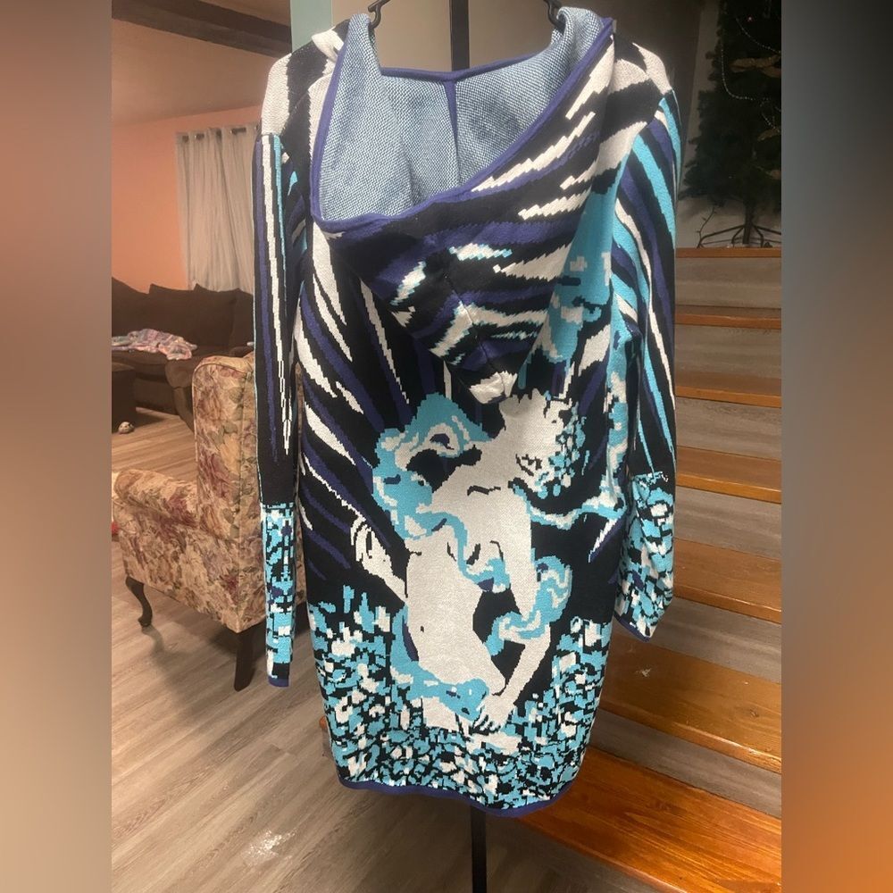 Baja East Graphic Knit Zip Hoodie Cardigan | Mermaid Ocean Print | Size 00 - Picture 3 of 5